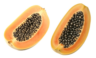 Two Halved Papayas with Seeds, Isolated on Transparent Background