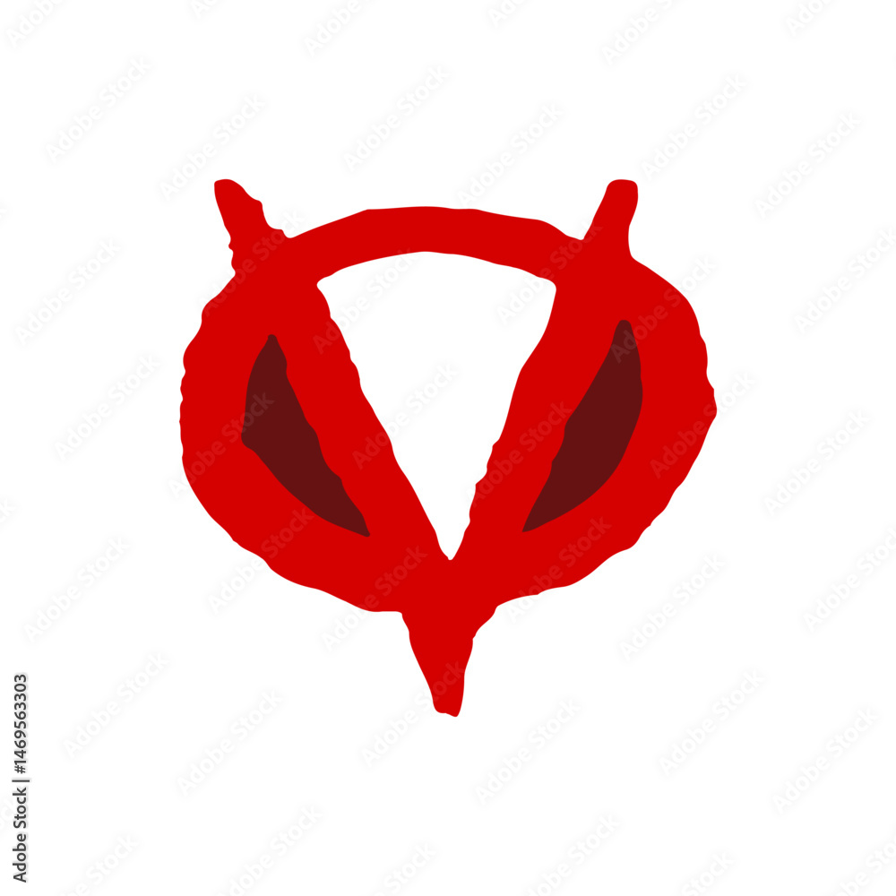 Poster stylized red symbol with curved top and pointed bottom on white background creating abstract design