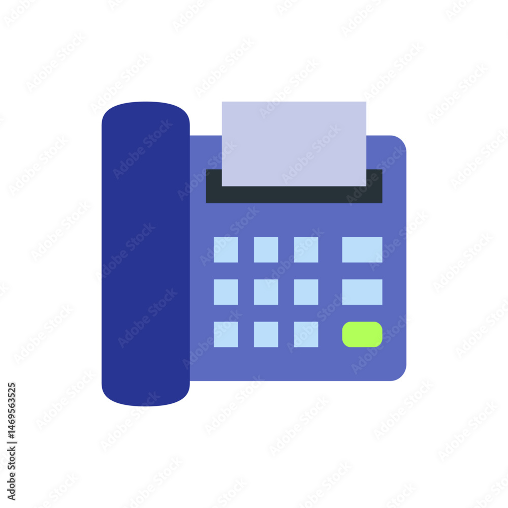 Poster illustration of a blue fax machine with a paper output and a keypad with a green button on the botto