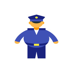 Illustration of a police officer with a blue uniform, hat, and yellow accents standing at attention pose