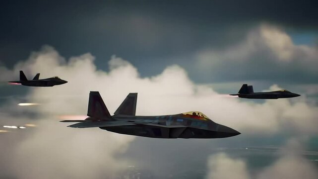Stealth fighter jets dominate war-torn futuristic skies