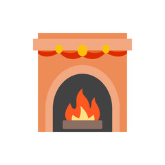 Illustration of a decorated fireplace with a roaring fire and a festive garland on the mantelpiece