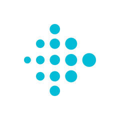 A collection of turquoise circles arranged in a cross like pattern on a white background in a symmetrical design