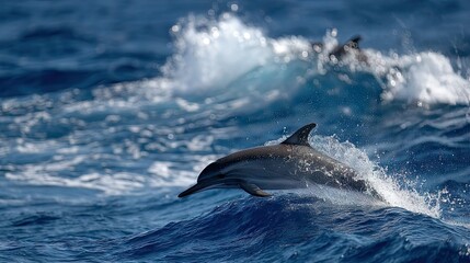 Fototapeta premium Striped dolphin caught leaping in front of distant waves, celebrating the beauty of marine life