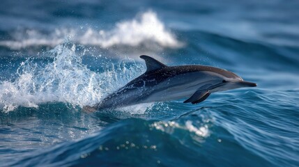 Fototapeta premium Striped dolphin caught leaping in front of distant waves, celebrating the beauty of marine life