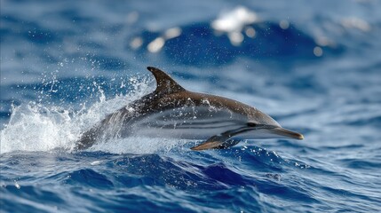 Obraz premium Striped dolphin twisting in the air after breaching the surface, blue sea sparkling below