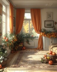 Autumnal indoor scene, warm lighting, cozy ambiance