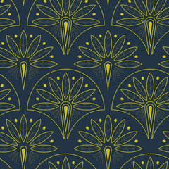 Art Deco seamless pattern on a dark blue background. Gold floral symmetrical endless print for wallpaper, fabric, and wrapping paper—geometric illustration.