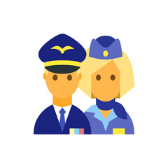 Illustration of a pilot with a navy uniform and a flight attendant with a blue scarf and blonde hair