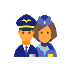 Illustration of a pilot with a navy blue hat and a stewardess with brown hair and a blue uniform attire