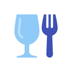 Illustration of a light blue wine glass and a dark blue fork side by side on a white background space