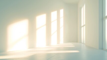 A white room with large windows and sunlight streaming in, casting shadows on the floor.
