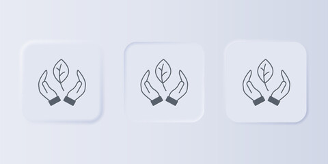 Grey Hand hold a leaf of the plant icon isolated on grey background. Care nature. Leaf shoots with environmental protection. Set icons in square buttons. Vector