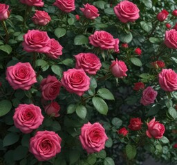 Obraz premium Vibrant pink and red roses bloom, lush green foliage , garden, valentines