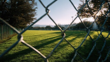 The view of a football pitch through a metal fence with patterned shadows from the mesh falling onto the grass