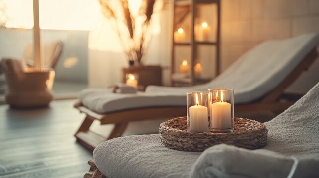 Two lounge chairs with white cushions and a wicker tray with lit candles in a cozy, dimly lit spa or wellness center.