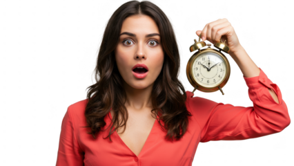 Surprised woman holding vintage alarm clock