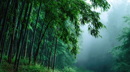 Obraz premium Vibrant green bamboo grove with soft fog weaving through the trunks, dreamy and ethereal mood