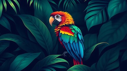 Fototapeta premium A vibrant, luxurious vector logo of a colorful parrot amidst tropical leaves, rendered in rich deep teal, featuring strong hard light and deep shadows
