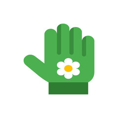 Illustration of a green gardening glove adorned with a white flower with a yellow center on a white background