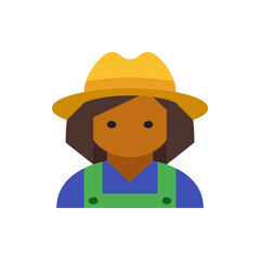 Illustration of a woman with a hat and overalls, depicted in a simple, geometric style portrait view