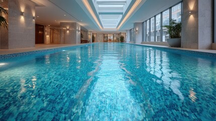 Wide shot of an indoor swimming pool with luxurious, vibrant tiles and crystal-clear water, no swimmers in sight