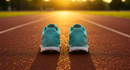 Fototapeta premium Athletic sneakers on running track at sunset, symbolizing fitness journey