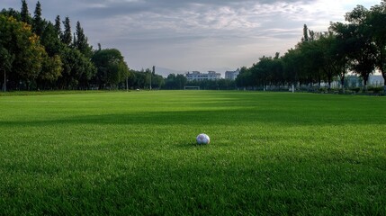 Obraz premium Wide view of an empty soccer field with a single soccer ball in the middle, fresh green grass and no players around
