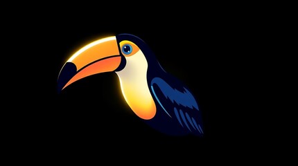 Naklejka premium Bioluminescent Toucan pop art vector logo, bright beak, minimal background, glowing colors, simple two-dimensional shapes, smooth gradient, natural light effects, flat design