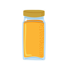 Jar filled with vibrant orange seasoning on a plain background for culinary use