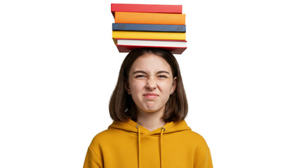 Teenage girl with stack of books on head