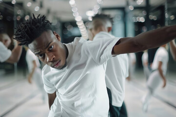 Fototapeta premium Professional dancer practicing advanced moves in front of large mirrors, displaying intense concentration
