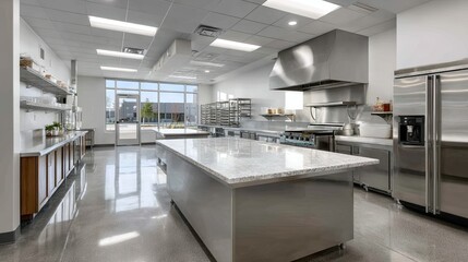 Fototapeta premium Pristine commercial prep space with central steel island, showing professionalism and food safety