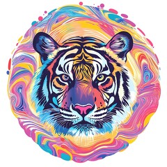 Colorful Tiger Portrait, Psychedelic Background, Animal Art, Print Design