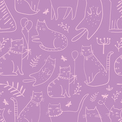 Seamless pattern with cute Kittens in diferent style. Creative childish texture. Great for fabric, textile Vector Illustration

