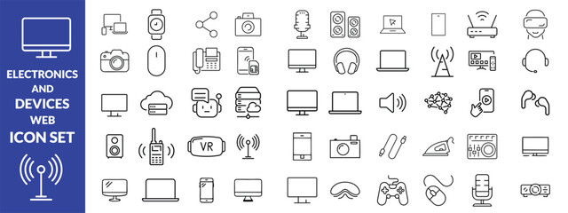 Electronics and Devices web icons in line style. Computing, social network, management, internet, network, programming, Internet connection collection. Vector illustration