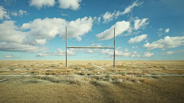 Serene Rugby Goalpost in Vast Open Field Under Bright Blue Sky and Fluffy Clouds, Evoking Isolation and Tranquility Amidst Dry Grass and Marked Boundaries.