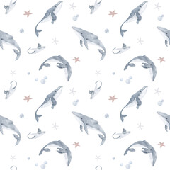 Obraz premium A humpback whale and a sea stingray swim in the underwater world of the ocean. Watercolor illustration. Seamless pattern. Starfish and algae from the seabed, isolated on a white background.