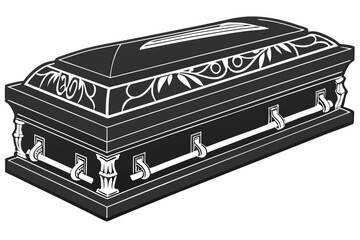 102 closed black casket, realistic, detailed, high resolution, photorealistic, 3d render, black and silver accents, decorative casket design, coffin, funeral, death, mortuary, casket lid with metal tr
