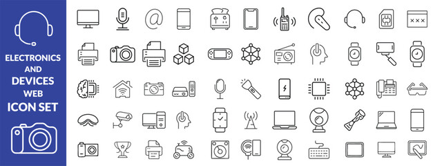 Electronics and Devices web icons in line style. Computing, social network, management, internet, network, programming, Internet connection collection. Vector illustration