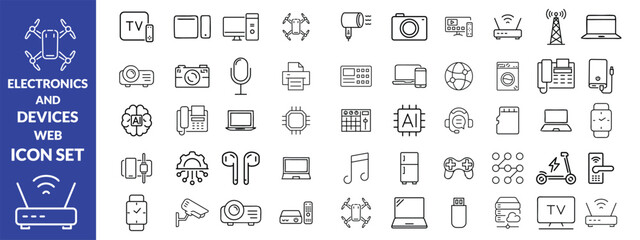 Electronics and Devices web icons in line style. Computing, social network, management, internet, network, programming, Internet connection collection. Vector illustration