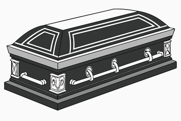 102 closed black casket, realistic, detailed, high resolution, photorealistic, 3d render, black and silver accents, decorative casket design, coffin, funeral, death, mortuary, casket lid with metal tr