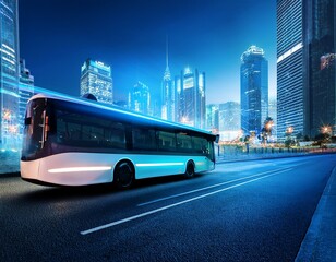 self driving electric bus moving through a futuristic city highlighting smart technology innovation and modern urban transportation design evening neon illumination of the bus and the city banner