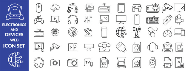 Electronics and Devices web icons in line style. Computing, social network, management, internet, network, programming, Internet connection collection. Vector illustration