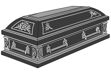 102 closed black casket, realistic, detailed, high resolution, photorealistic, 3d render, black and silver accents, decorative casket design, coffin, funeral, death, mortuary, casket lid with metal tr