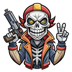 Skull character holding a gun, peace sign