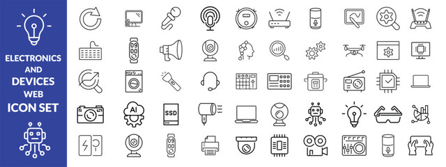 Electronics and Devices web icons in line style. Computing, social network, management, internet, network, programming, Internet connection collection. Vector illustration