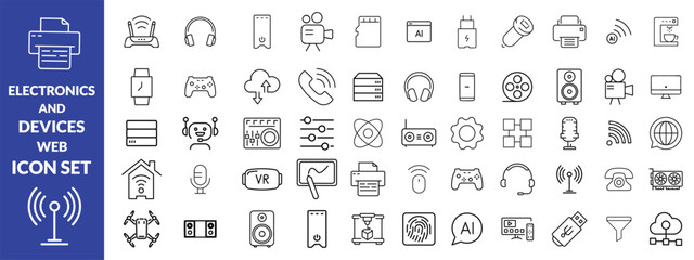 Electronics and Devices web icons in line style. Computing, social network, management, internet, network, programming, Internet connection collection. Vector illustration