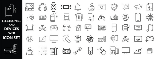 Electronics and Devices web icons in line style. Computing, social network, management, internet, network, programming, Internet connection collection. Vector illustration