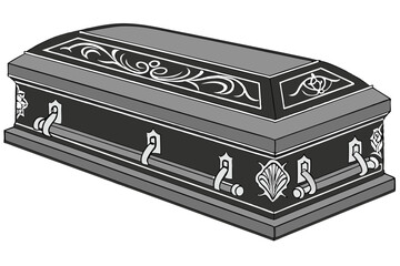 102 closed black casket, realistic, detailed, high resolution, photorealistic, 3d render, black and silver accents, decorative casket design, coffin, funeral, death, mortuary, casket lid with metal tr